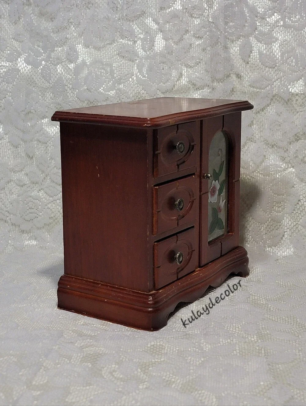 Vintage Wooden Jewelry Box Organizer 3 Drawer Mirrored Floral Glass Door Trinket